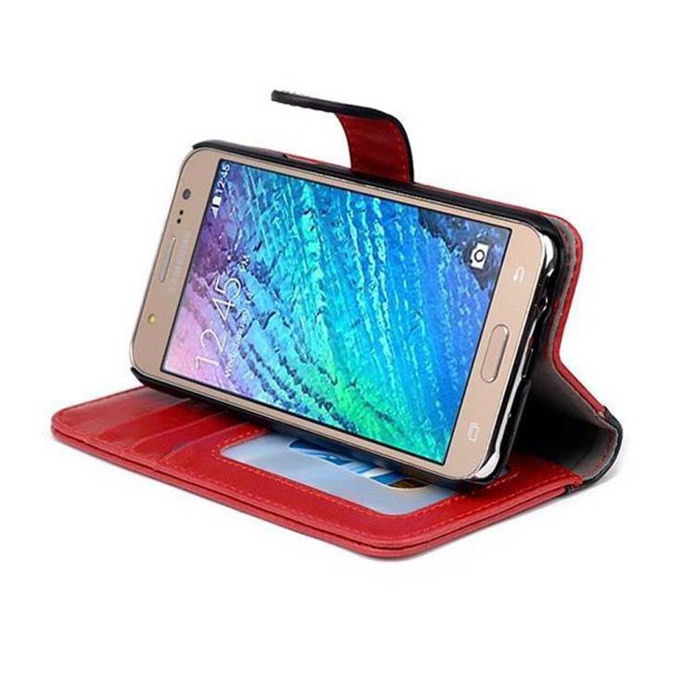 Cadorabo Hülle für Samsung Galaxy J5 2015 Hülle in Rot Schutzhülle Handyhülle Standfunktion Etui Cover Case