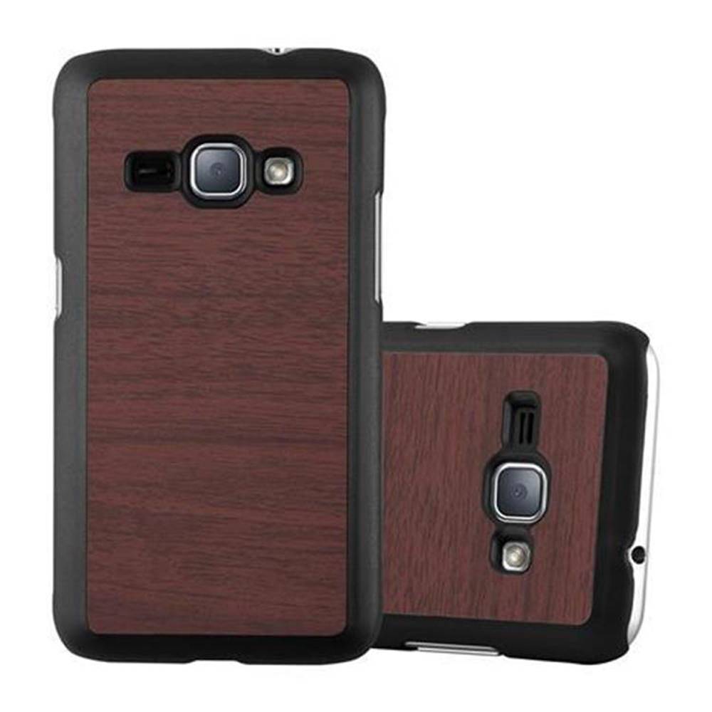 Cadorabo Hülle für Samsung Galaxy J1 2016 Schutz Hülle in Braun Hard Case Etui Holz Optik Handyhülle