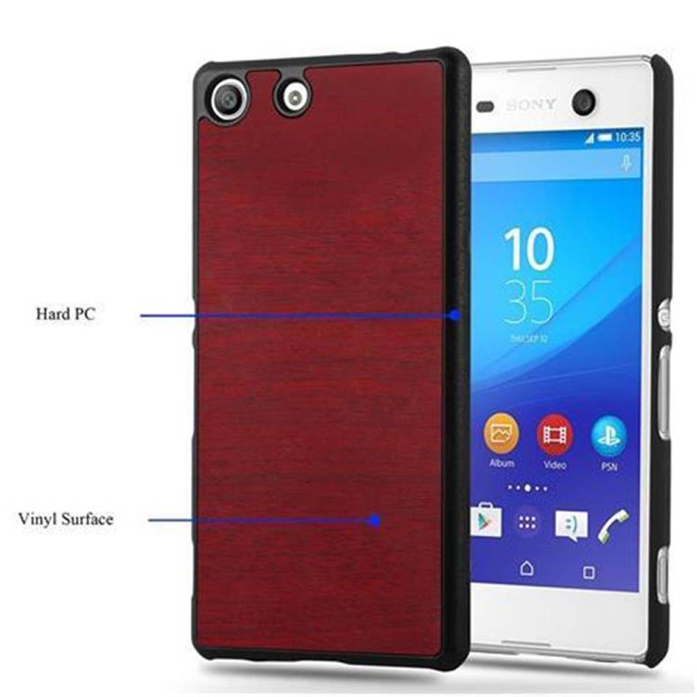 Cadorabo Hülle für Sony Xperia M5 Schutz Hülle in Rot Hard Case Etui Holz Optik Handyhülle