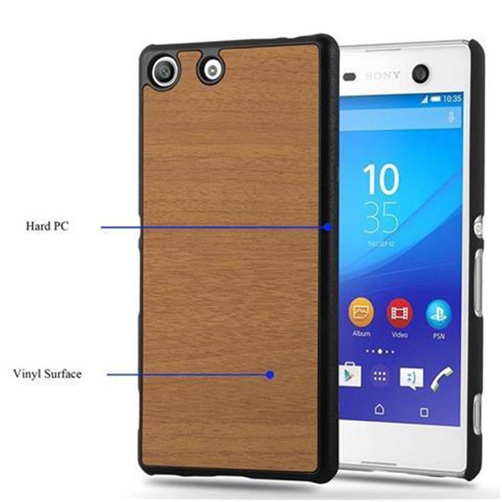 Cadorabo Hülle für Sony Xperia M5 Schutz Hülle in Braun Hard Case Etui Holz Optik Handyhülle