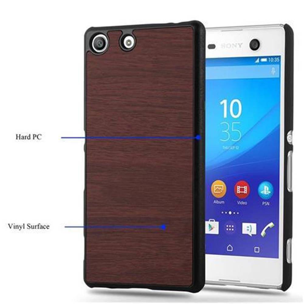 Cadorabo Hülle für Sony Xperia M5 Schutz Hülle in Braun Hard Case Etui Holz Optik Handyhülle