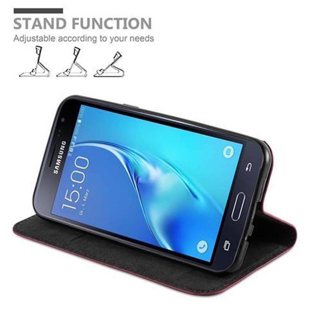 Cadorabo Hülle für Samsung Galaxy J3 2016 Schutz Hülle in Rot Handyhülle Etui Case Cover Magnetverschluss