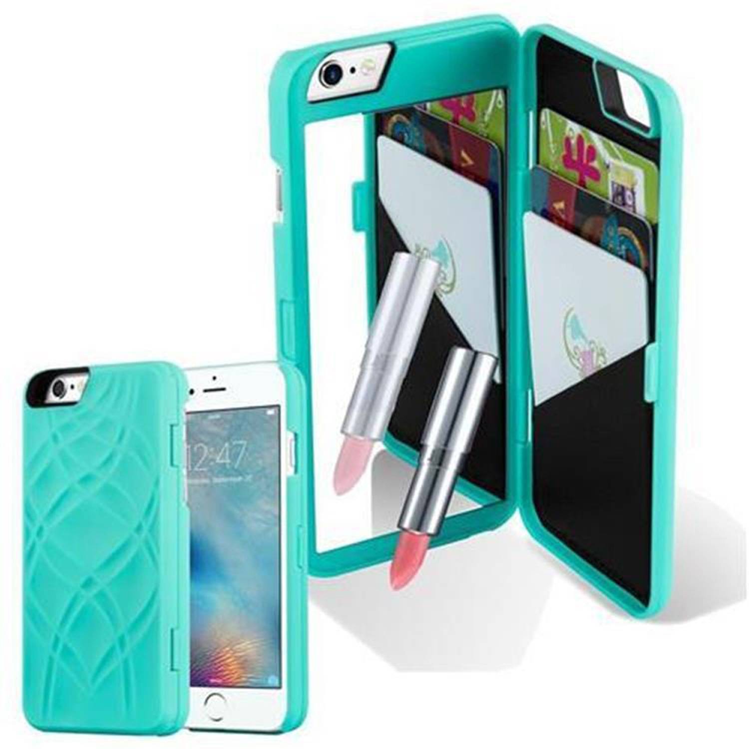 Cadorabo Hülle für Apple iPhone 6 PLUS / 6S PLUS in Türkis Hard Case Handyhülle Schutzhülle mit Spiegel Kartenfächern