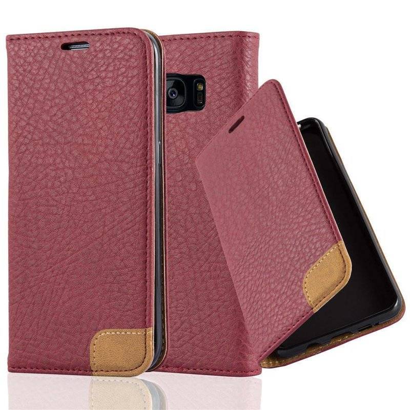 Cadorabo Hülle für Samsung Galaxy S7 EDGE - Hülle in HERBST ROT – mit Standfunktion, Kartenfach und Textil-Patch