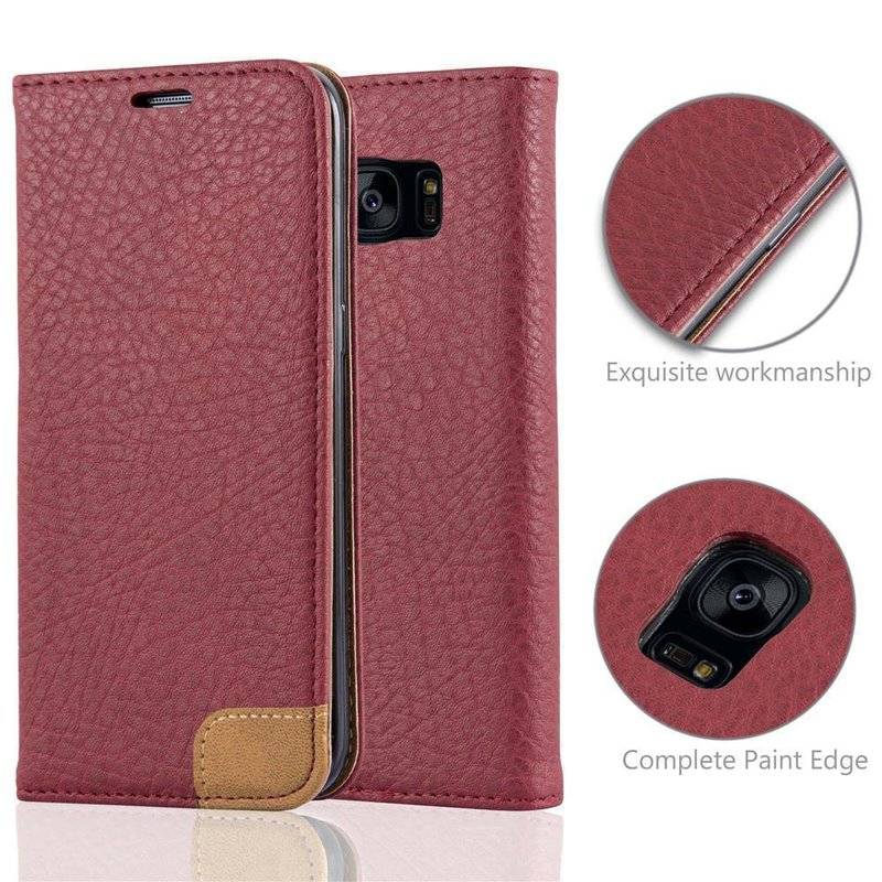 Cadorabo Hülle für Samsung Galaxy S7 EDGE - Hülle in HERBST ROT – mit Standfunktion, Kartenfach und Textil-Patch