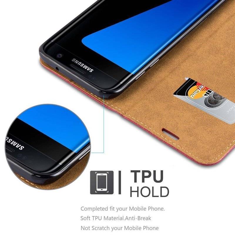Cadorabo Hülle für Samsung Galaxy S7 EDGE - Hülle in HERBST ROT – mit Standfunktion, Kartenfach und Textil-Patch