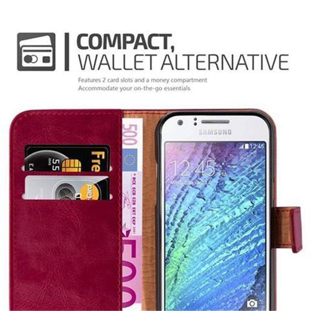 Cadorabo Hülle für Samsung Galaxy J1 2015 Schutzhülle in Rot Handyhülle Book Tasche Case Etui Luxury