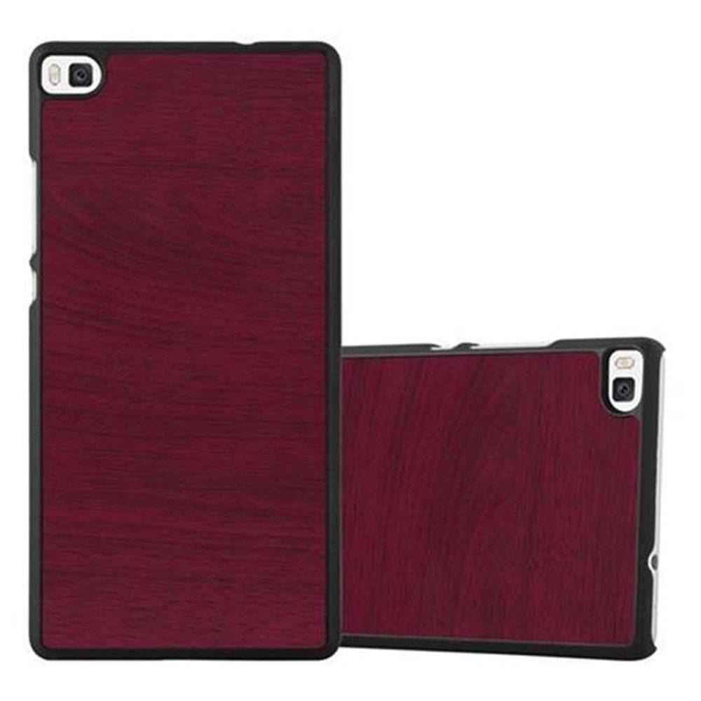 Cadorabo Hülle für Huawei P8 Schutz Hülle in Rot Hard Case Etui Holz Optik Handyhülle