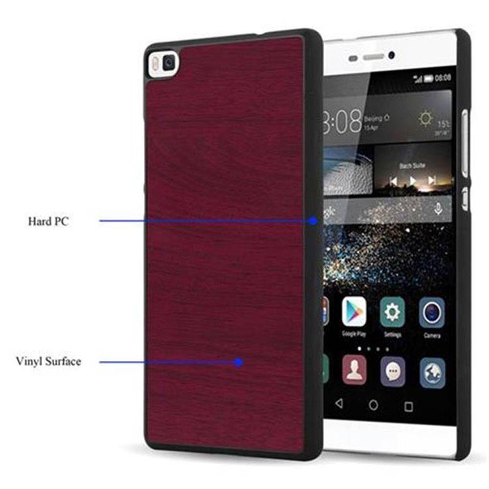 Cadorabo Hülle für Huawei P8 Schutz Hülle in Rot Hard Case Etui Holz Optik Handyhülle