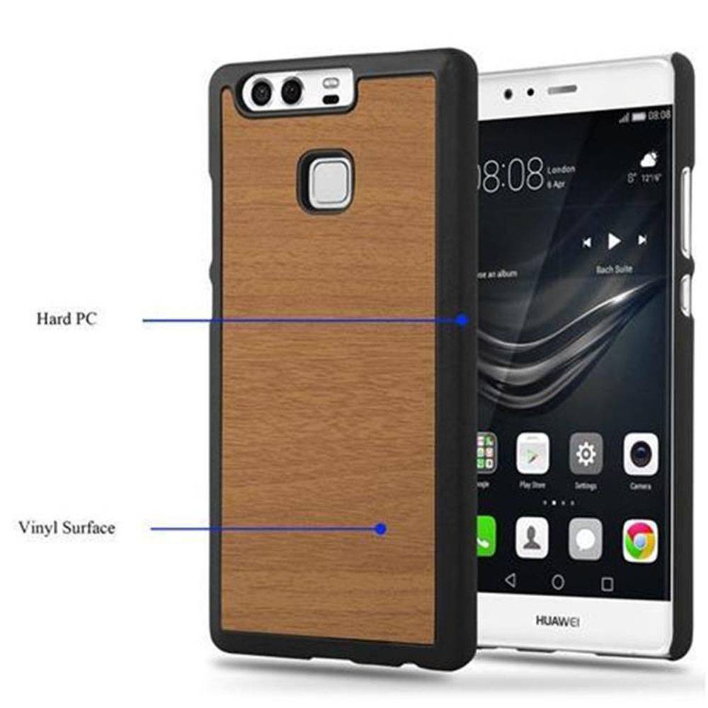 Cadorabo Hülle für Huawei P9 Schutz Hülle in Braun Hard Case Etui Holz Optik Handyhülle