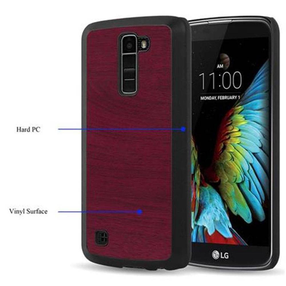 Cadorabo Hülle für LG K10 2016 Schutz Hülle in Rot Hard Case Etui Holz Optik Handyhülle