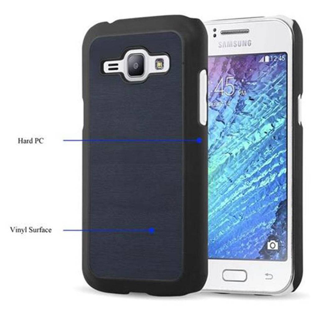 Cadorabo Hülle für Samsung Galaxy J1 2015 Schutz Hülle in Blau Hard Case Etui Holz Optik Handyhülle