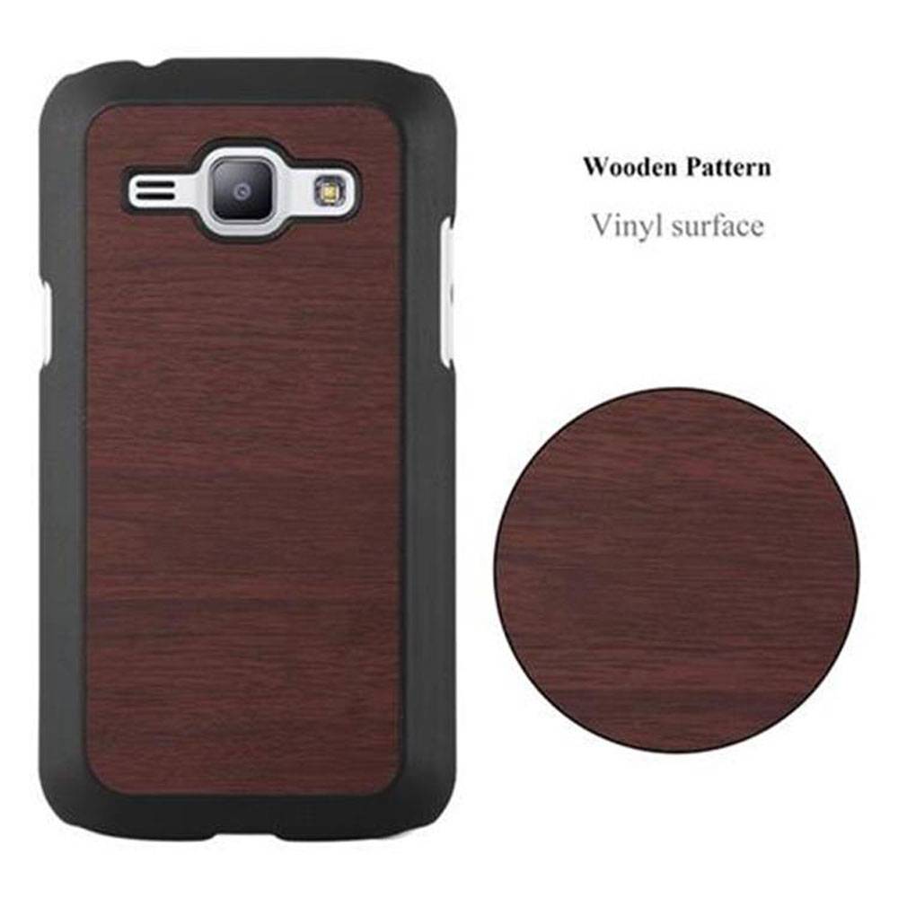 Cadorabo Hülle für Samsung Galaxy J1 2015 Schutz Hülle in Braun Hard Case Etui Holz Optik Handyhülle