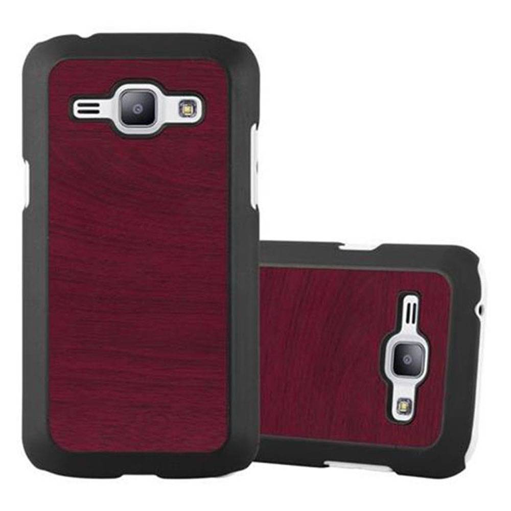 Cadorabo Hülle für Samsung Galaxy J1 2015 Schutz Hülle in Rot Hard Case Etui Holz Optik Handyhülle