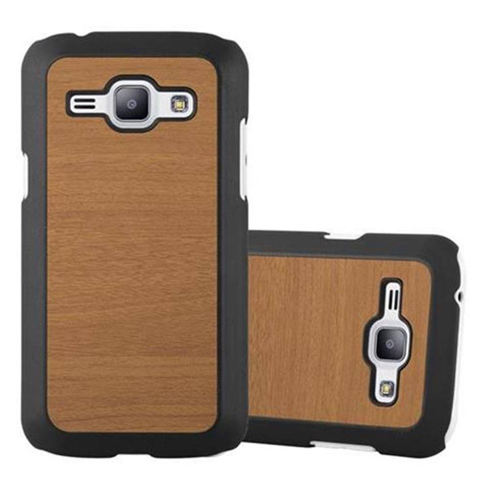 Cadorabo Hülle für Samsung Galaxy J1 2015 Schutz Hülle in Braun Hard Case Etui Holz Optik Handyhülle