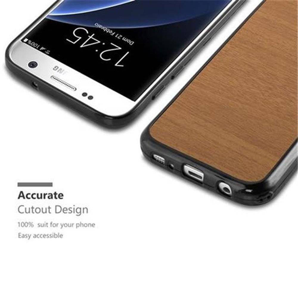 Cadorabo Hülle für Samsung Galaxy S7 Hülle in WOODEN BRAUN - Handyhülle aus TPU Silikon - Silikonhülle Schutzhülle Ultra Slim Soft Back Cover Ca