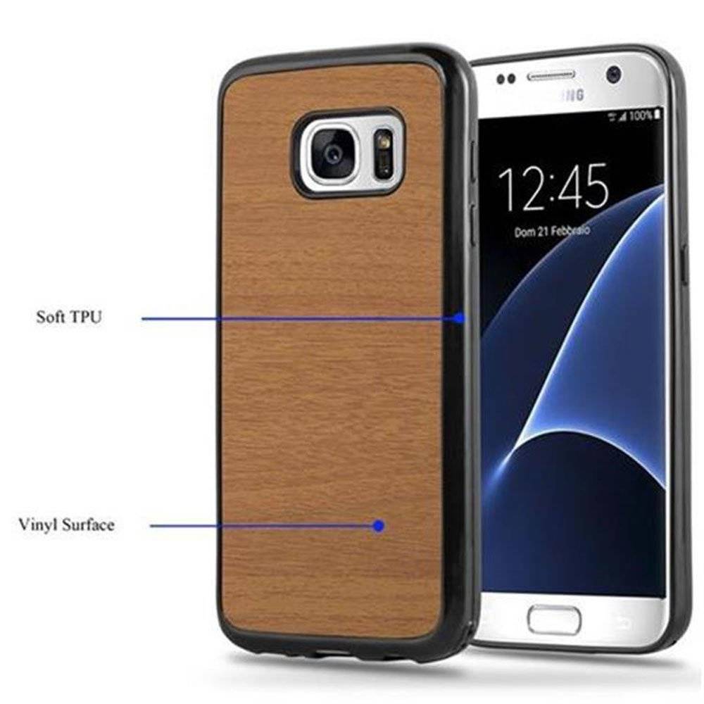 Cadorabo Hülle für Samsung Galaxy S7 Hülle in WOODEN BRAUN - Handyhülle aus TPU Silikon - Silikonhülle Schutzhülle Ultra Slim Soft Back Cover Ca