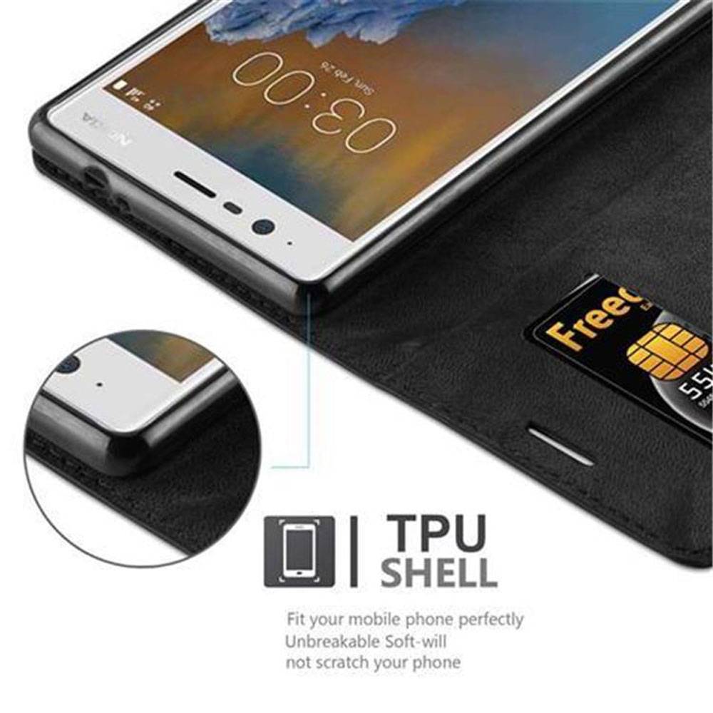 Cadorabo Hülle für Nokia 3 2017 Schutz Hülle in Schwarz Handyhülle Etui Case Cover Magnetverschluss