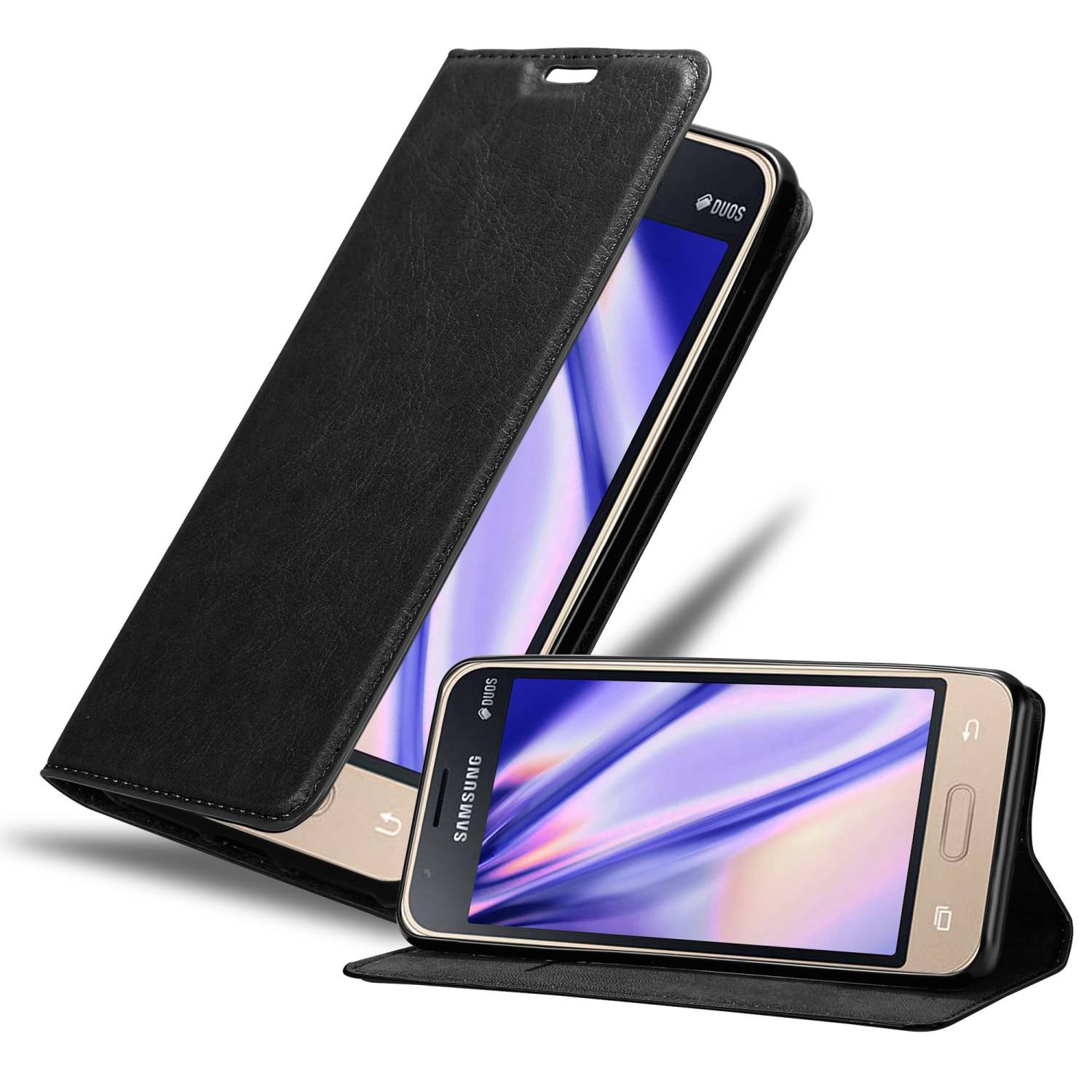 Cadorabo Hülle für Samsung Galaxy J1 MINI 2016 Schutz Hülle in Schwarz Handyhülle Etui Case Cover Magnetverschluss