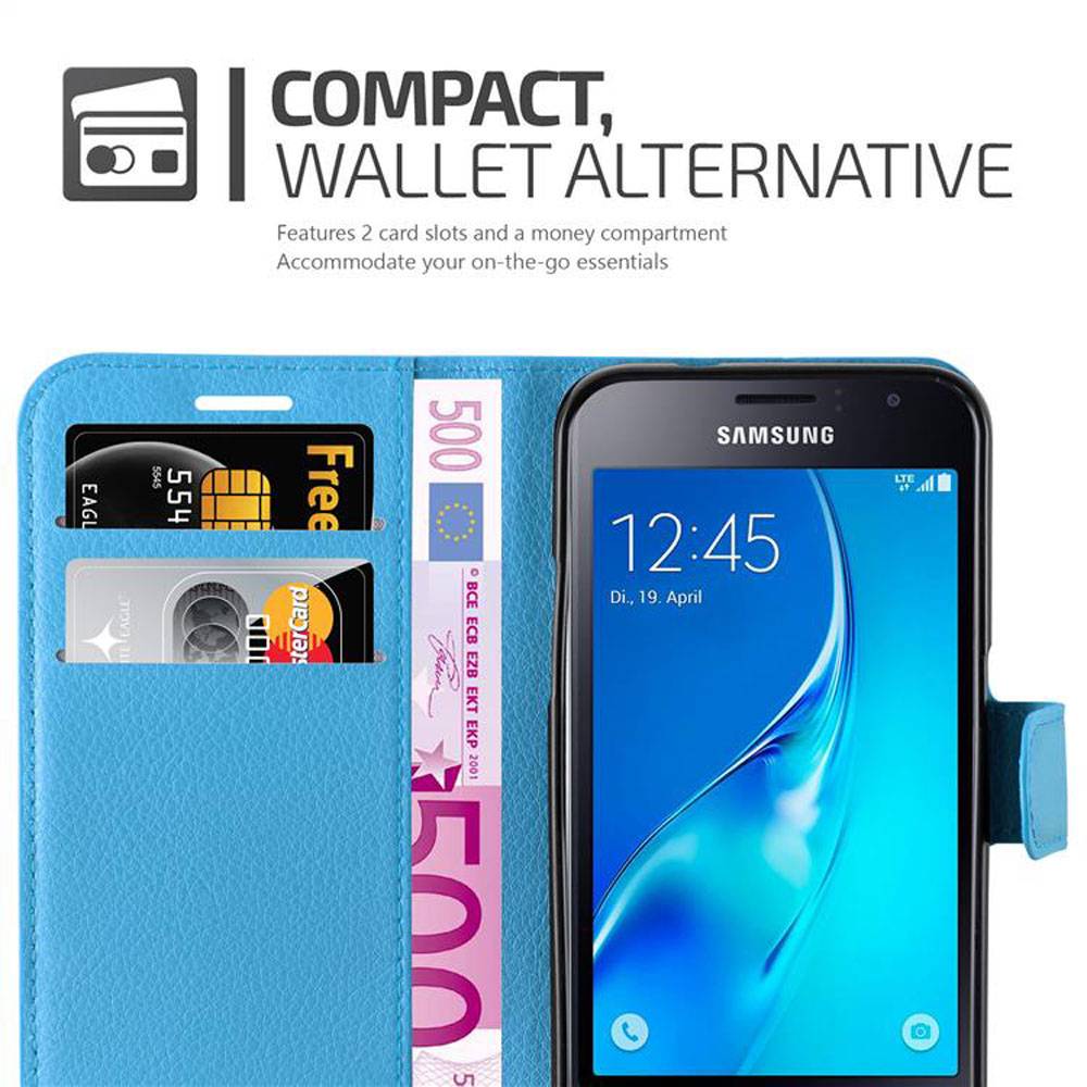 Cadorabo Hülle für Samsung Galaxy J1 2015 Schutz Hülle in Blau Handyhülle Etui Case Cover Magnetverschluss