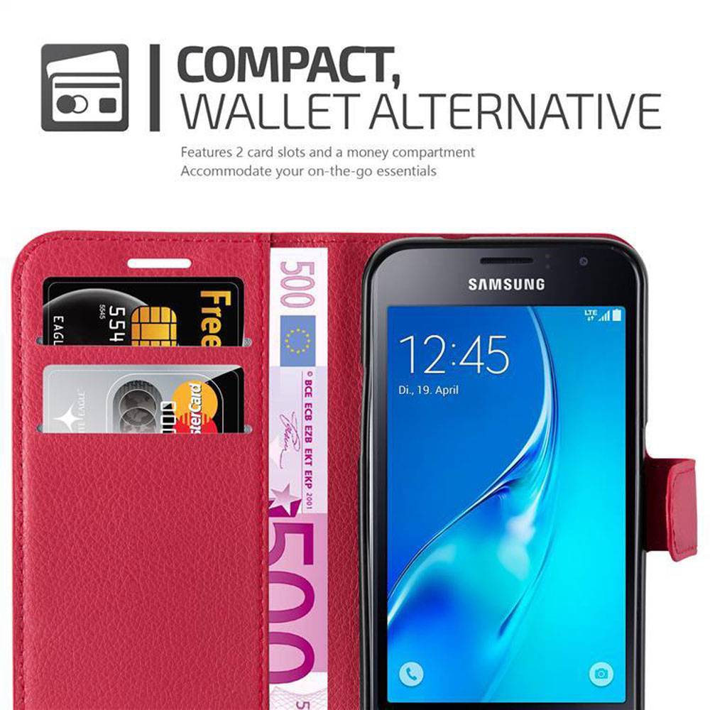 Cadorabo Hülle für Samsung Galaxy J1 2015 Schutz Hülle in Rot Handyhülle Etui Case Cover Magnetverschluss