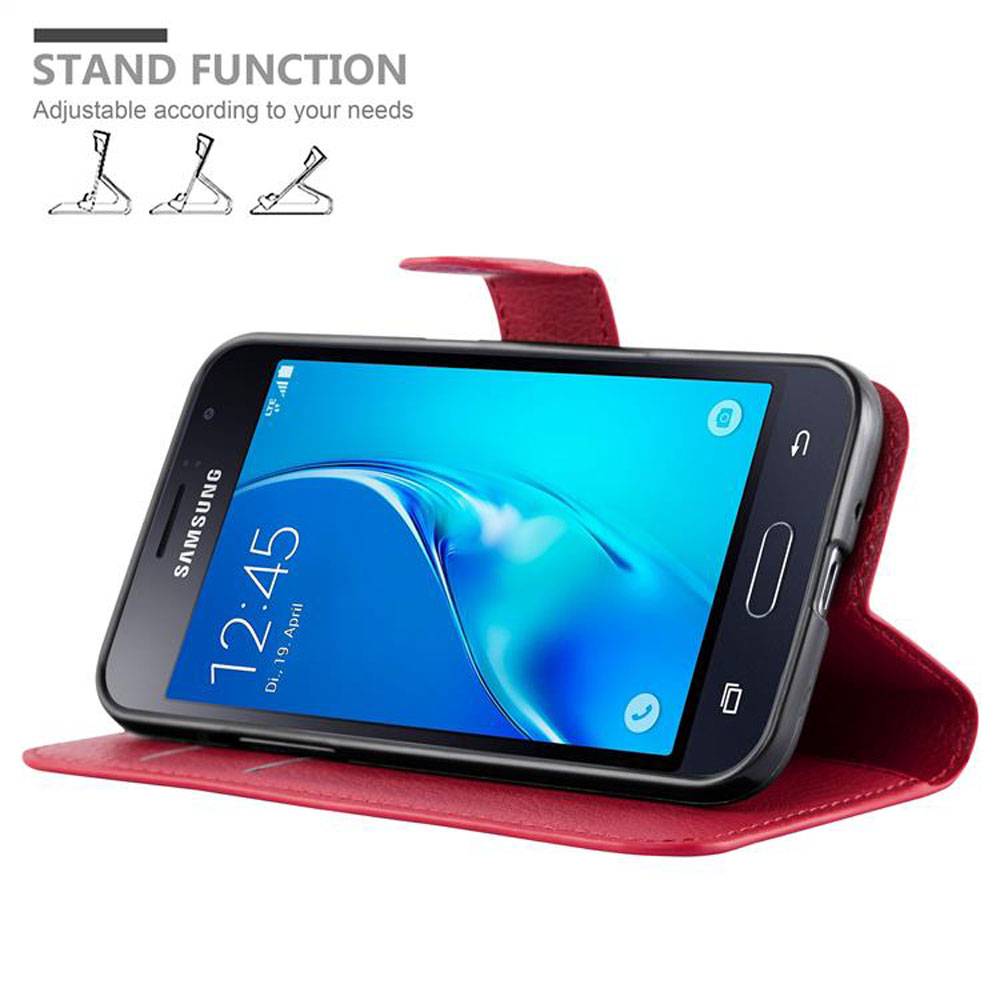 Cadorabo Hülle für Samsung Galaxy J1 2015 Schutz Hülle in Rot Handyhülle Etui Case Cover Magnetverschluss