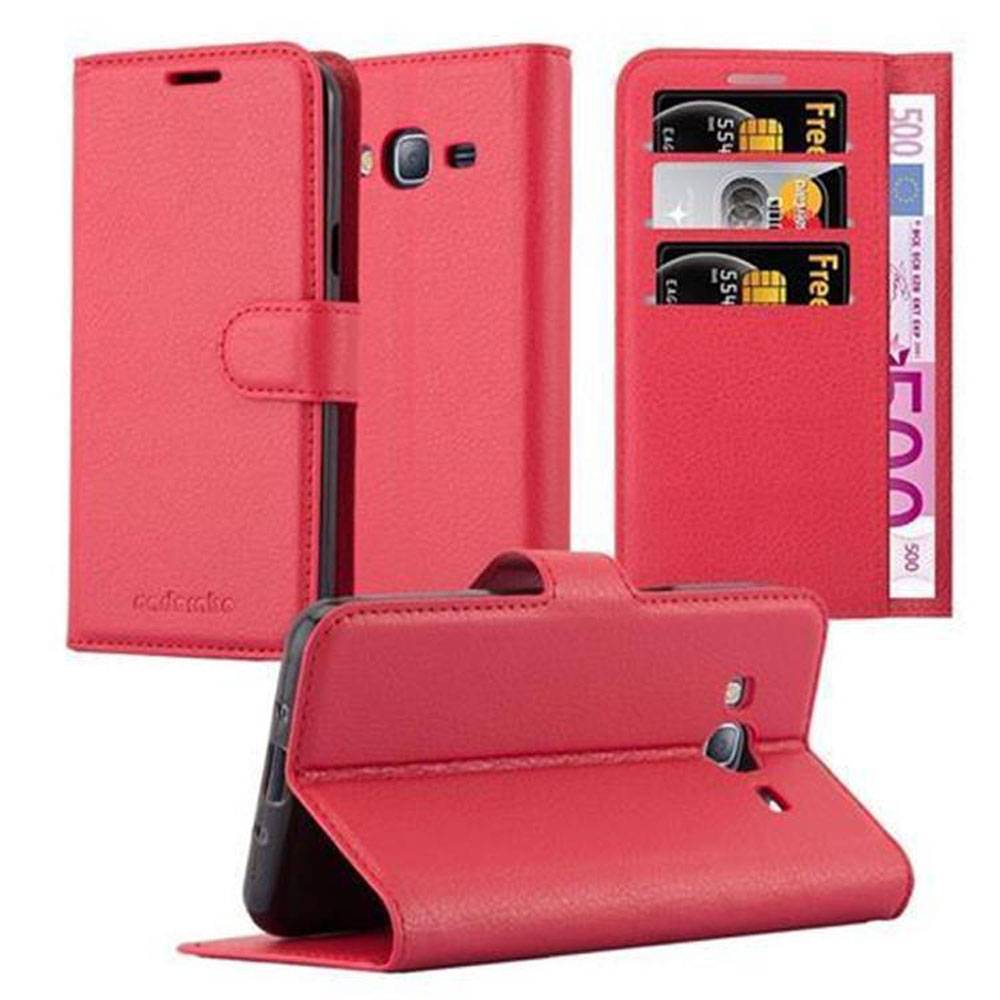 Cadorabo Hülle für Samsung Galaxy J3 2016 Schutz Hülle in Rot Handyhülle Etui Case Cover Magnetverschluss