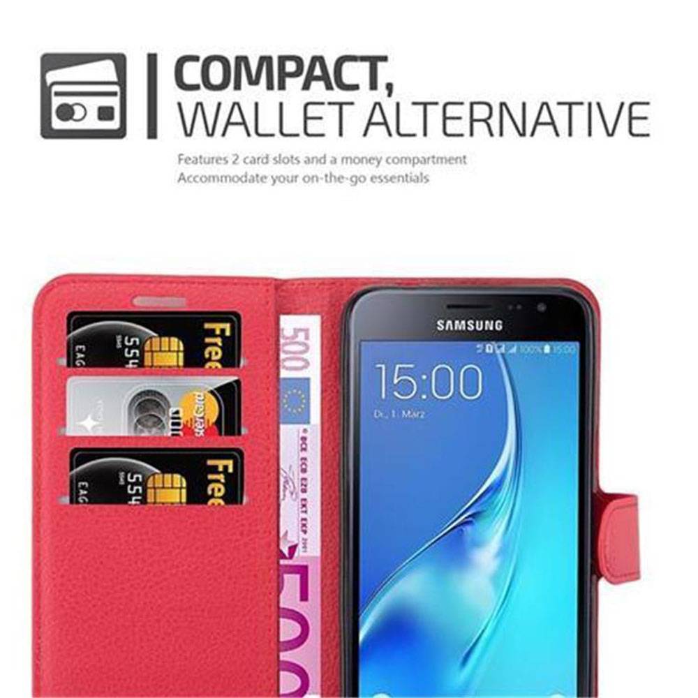 Cadorabo Hülle für Samsung Galaxy J3 2016 Schutz Hülle in Rot Handyhülle Etui Case Cover Magnetverschluss