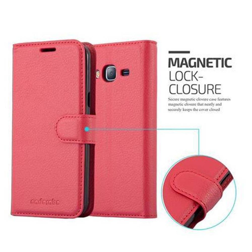 Cadorabo Hülle für Samsung Galaxy J3 2016 Schutz Hülle in Rot Handyhülle Etui Case Cover Magnetverschluss