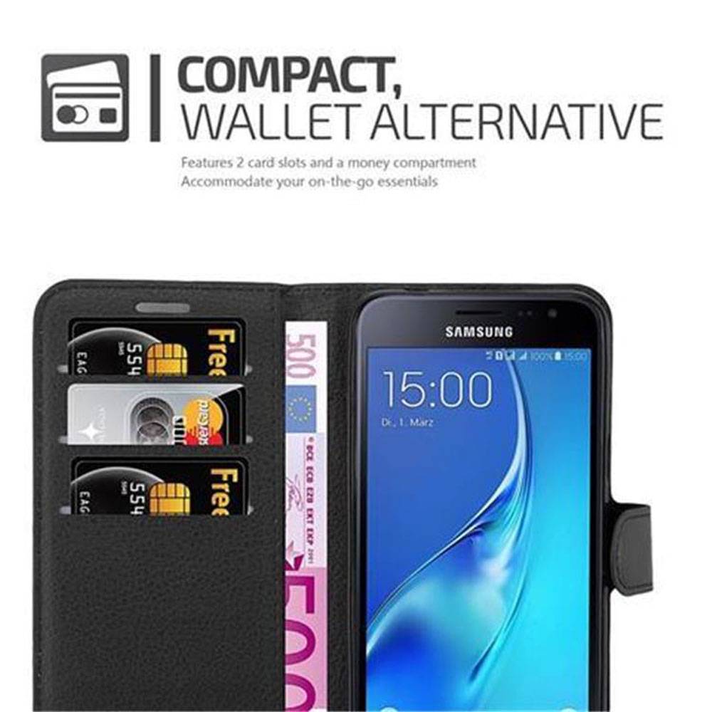 Cadorabo Hülle für Samsung Galaxy J3 2016 Schutz Hülle in Schwarz Handyhülle Etui Case Cover Magnetverschluss