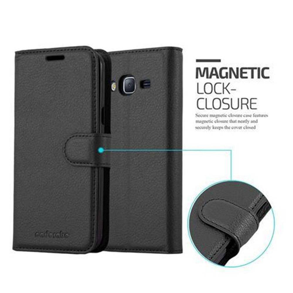 Cadorabo Hülle für Samsung Galaxy J3 2016 Schutz Hülle in Schwarz Handyhülle Etui Case Cover Magnetverschluss