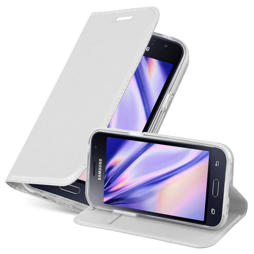 Cadorabo Handyhülle für Samsung Galaxy J1 2016 Schutz Hülle in Silber Cover Etui Book Case Booklet