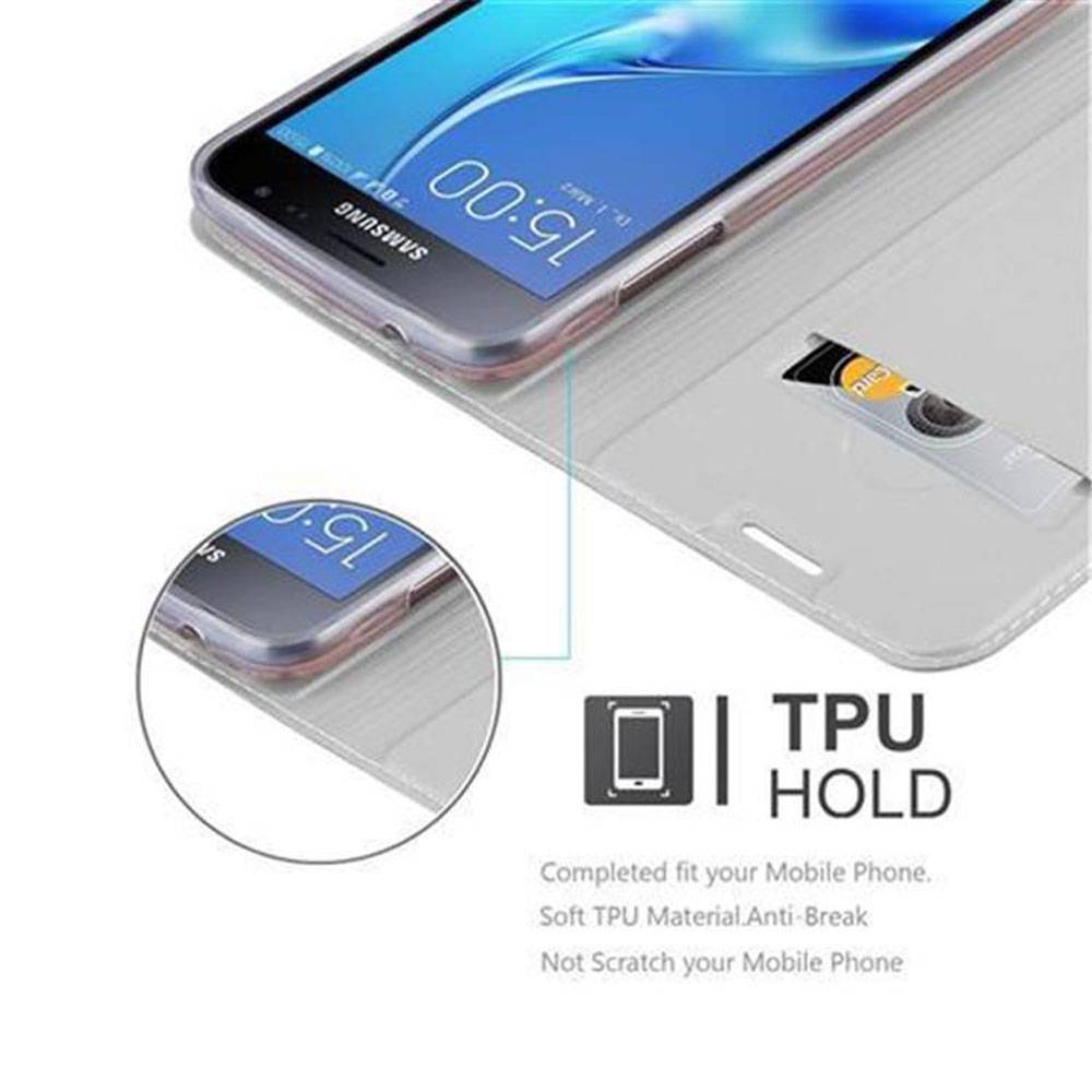 Cadorabo Handyhülle für Samsung Galaxy J3 2016 Schutz Hülle in Silber Cover Etui Book Case Booklet