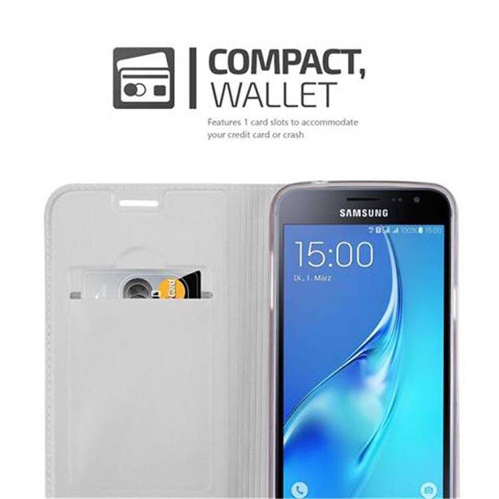 Cadorabo Handyhülle für Samsung Galaxy J3 2016 Schutz Hülle in Silber Cover Etui Book Case Booklet