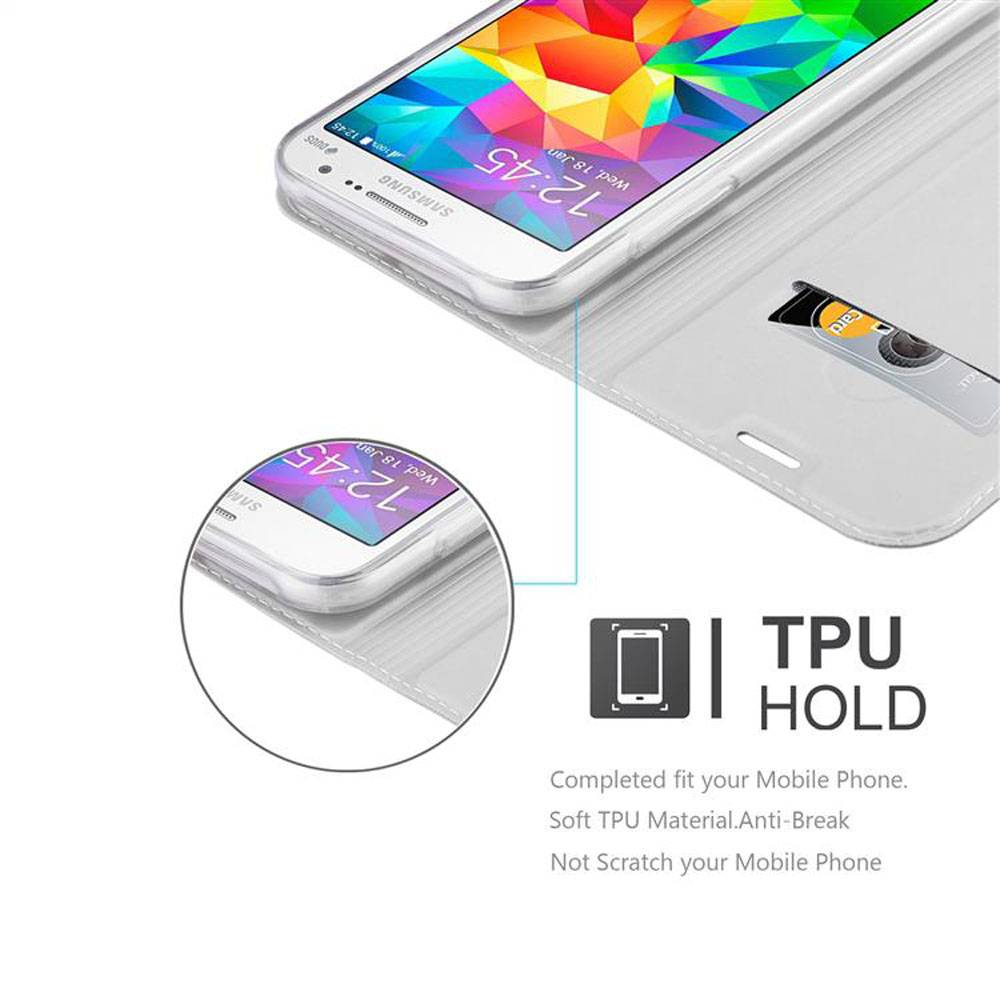 Cadorabo Handyhülle für Samsung Galaxy GRAND PRIME Schutz Hülle in Silber Cover Etui Book Case Booklet