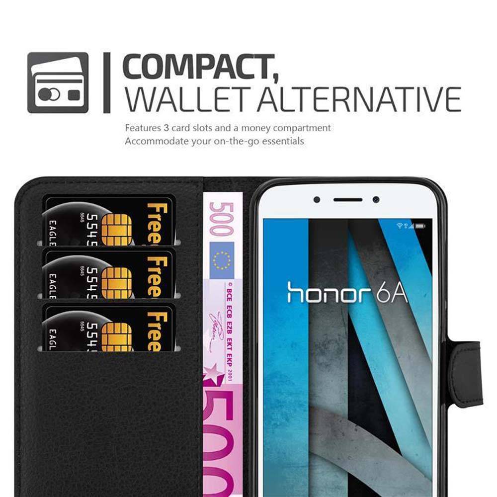 Cadorabo Hülle für Honor 6A Schutz Hülle in Schwarz Handyhülle Etui Case Cover Magnetverschluss