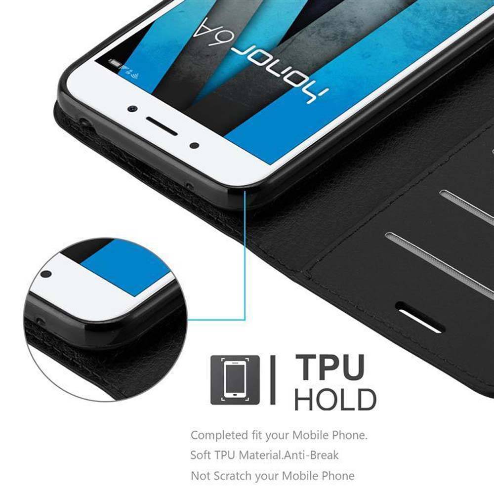 Cadorabo Hülle für Honor 6A Schutz Hülle in Schwarz Handyhülle Etui Case Cover Magnetverschluss