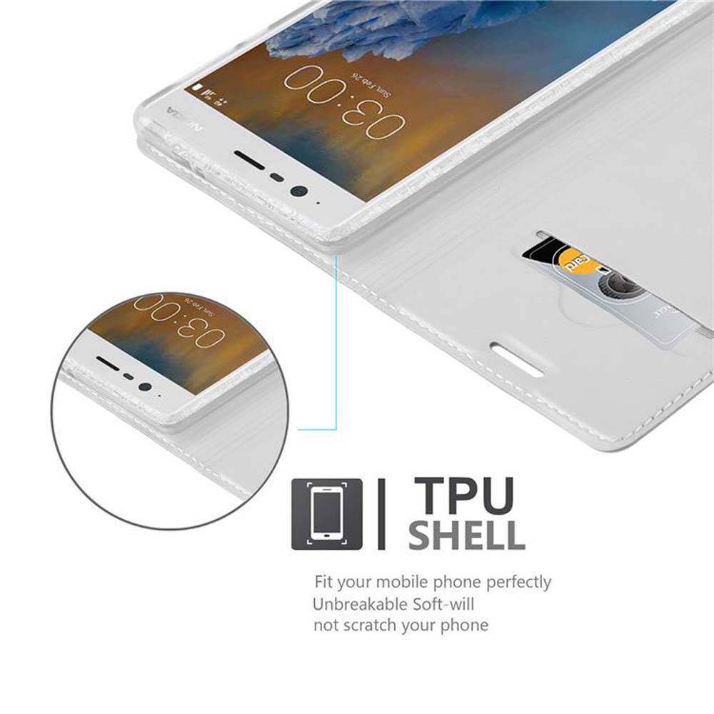 Cadorabo Handyhülle für Nokia 3 2017 Schutz Hülle in Silber Cover Etui Book Case Booklet