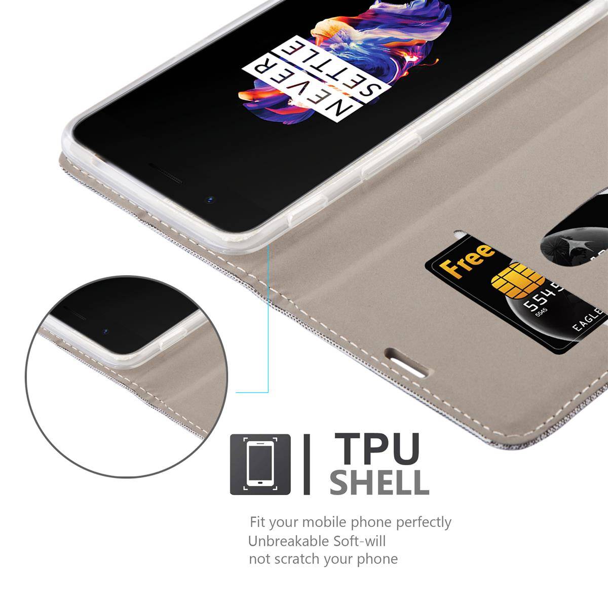 Cadorabo Hülle für OnePlus 5 Schutzhülle in Grau Handy Hülle Etui Book Case Cover