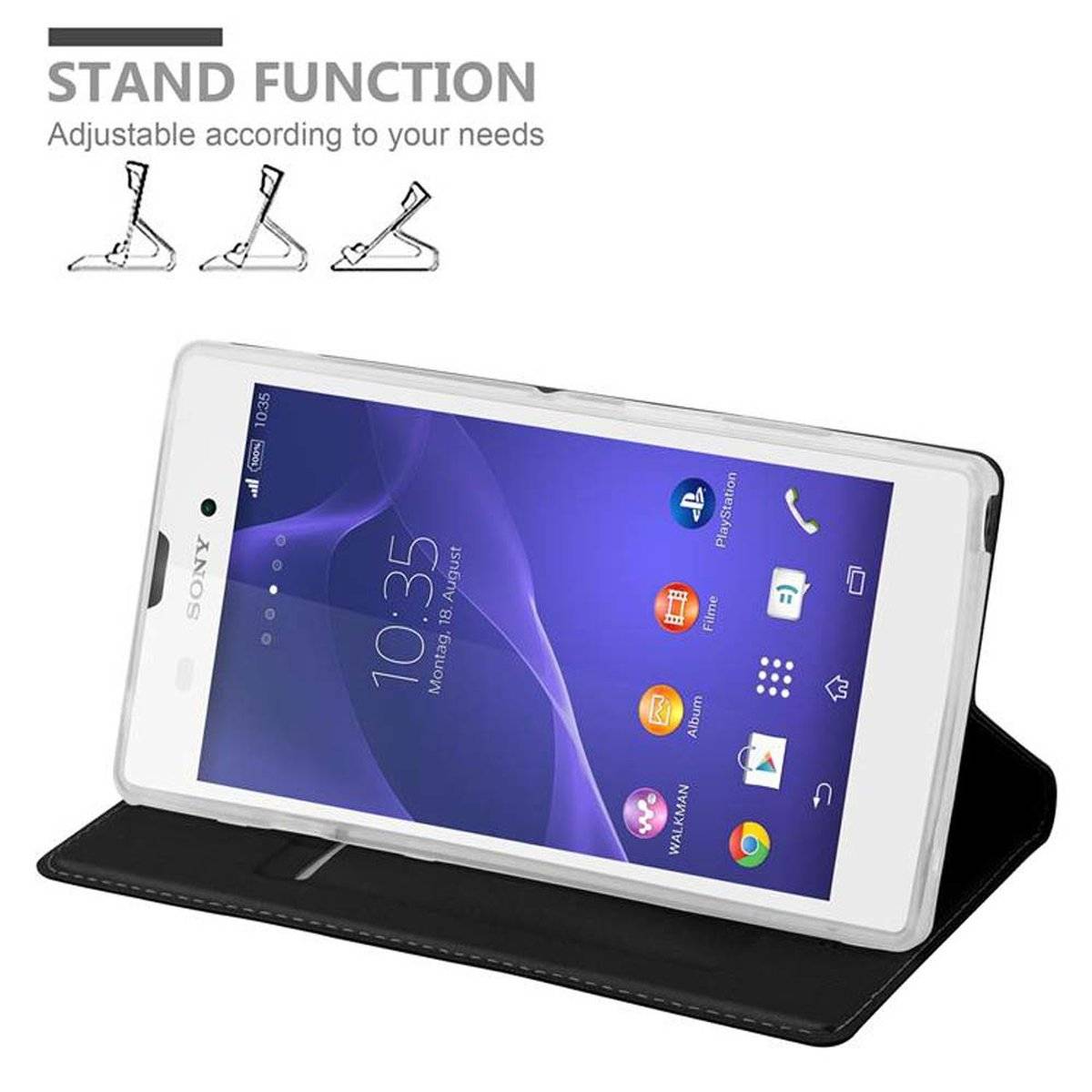 Klappbare Handy Schutzhülle - Hülle - mit Standfunktion und Kartenfach, classy schwarz, Bookcover für Sony Xperia T3