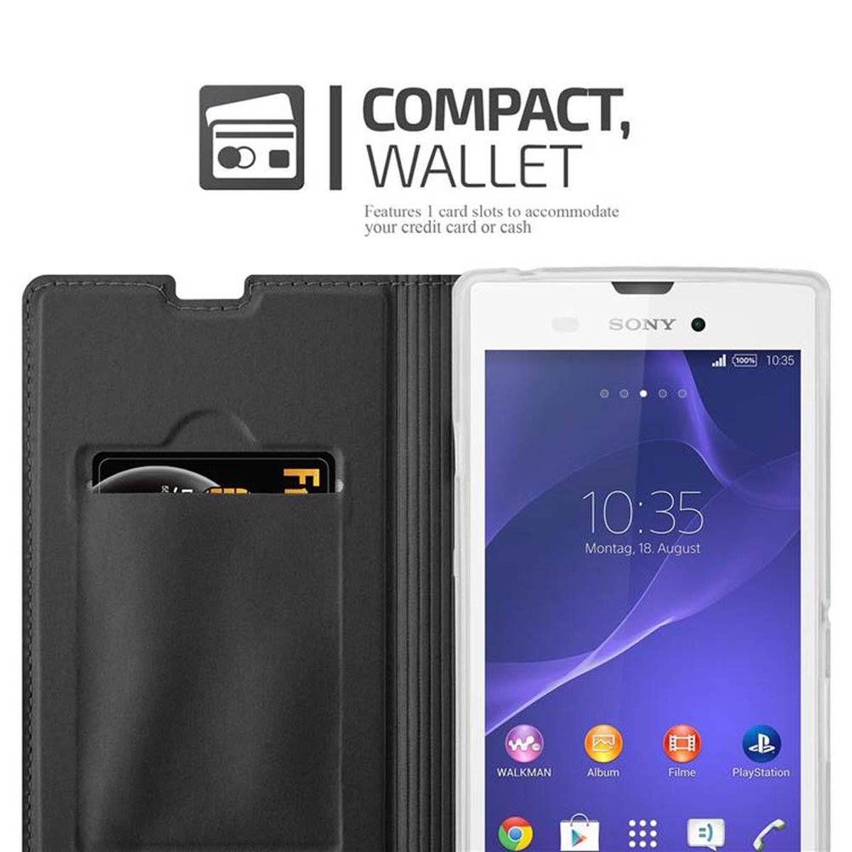 Klappbare Handy Schutzhülle - Hülle - mit Standfunktion und Kartenfach, classy schwarz, Bookcover für Sony Xperia T3