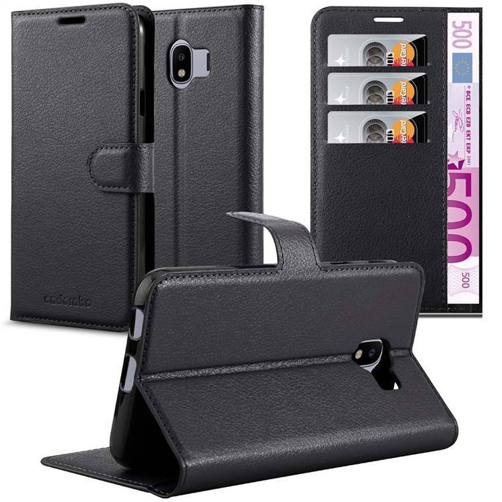 Cadorabo Hülle für Samsung Galaxy J4 2018 Schutz Hülle in Schwarz Handyhülle Etui Case Cover Magnetverschluss