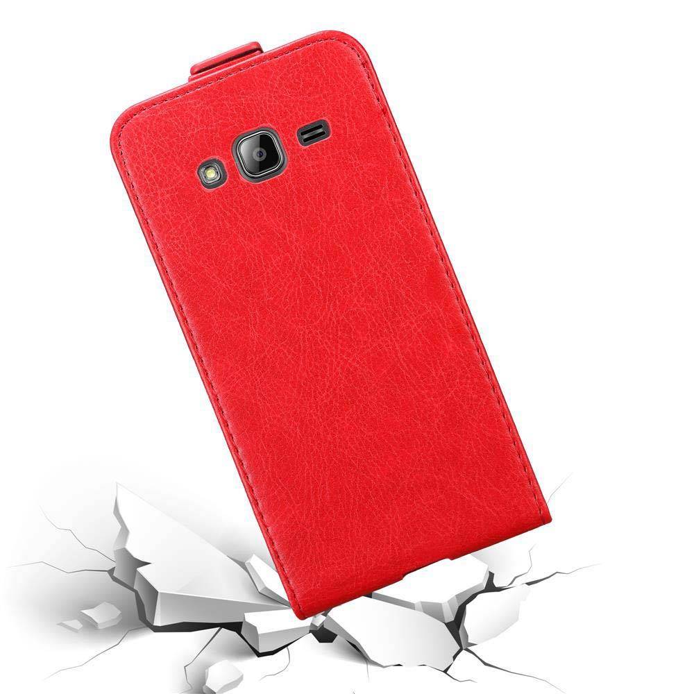 Cadorabo Hülle für Samsung Galaxy J3 2016 Schutz Hülle in Rot Flip Etui Handyhülle Case Cover