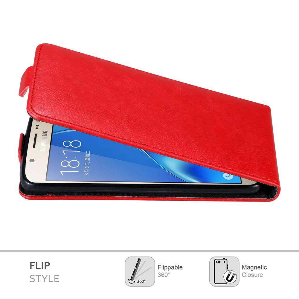 Cadorabo Hülle für Samsung Galaxy J7 2016 Schutz Hülle in Rot Flip Etui Handyhülle Case Cover