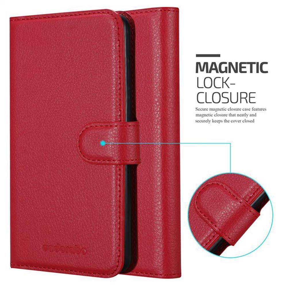 Cadorabo Hülle für LG K10 2016 Schutz Hülle in Rot Handyhülle Etui Case Cover Magnetverschluss