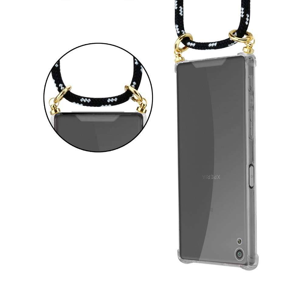 Cadorabo Handy Kette für Sony Xperia XA Hülle in SCHWARZ SILBER - Silikon Necklace Umhänge Hülle mit Gold Ringen, Kordel Band Schnur und abnehmbar