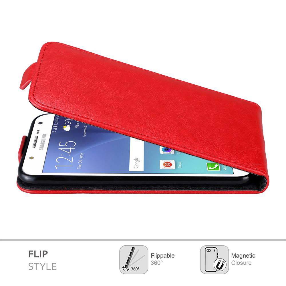 Cadorabo Hülle für Samsung Galaxy J7 2015 Schutz Hülle in Rot Flip Etui Handyhülle Case Cover