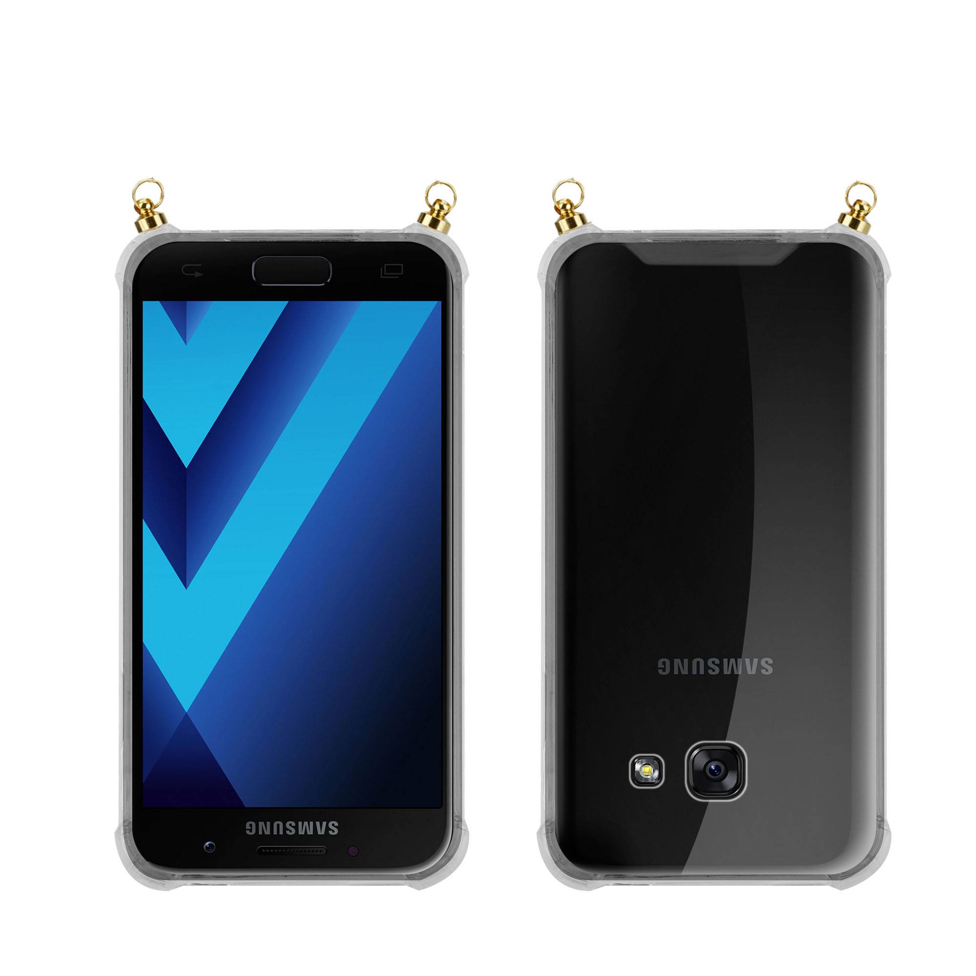 Silikon Hülle Handykette für Samsung Galaxy A5 2017 mit goldenen Ringen in DURCHSICHTIG