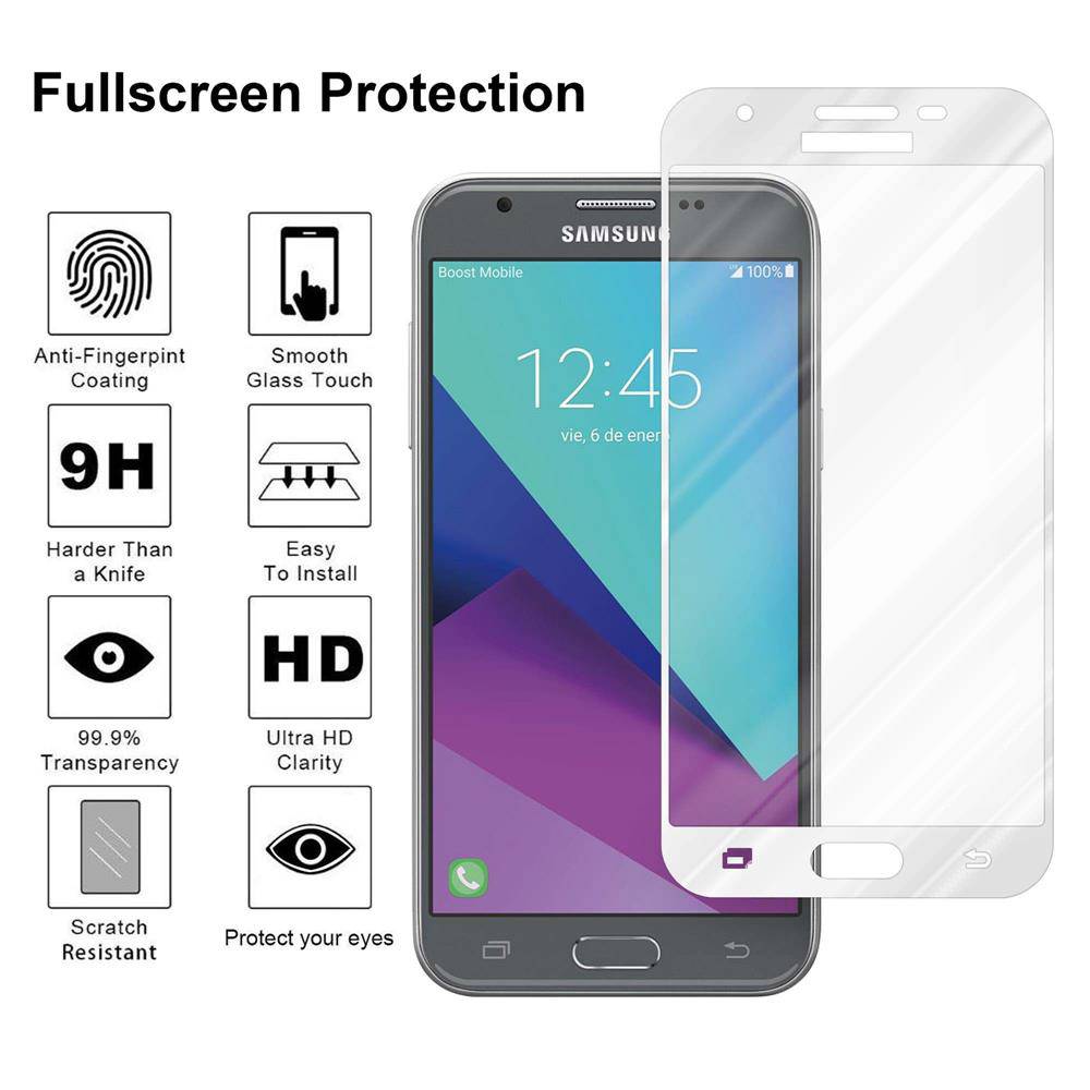 Cadorabo Vollbild Folie für Samsung Galaxy J3 2017 in TRANSPARENT mit WEIß - Gehärtetes Display-Schutzglas (RETAIL PACKAGING)