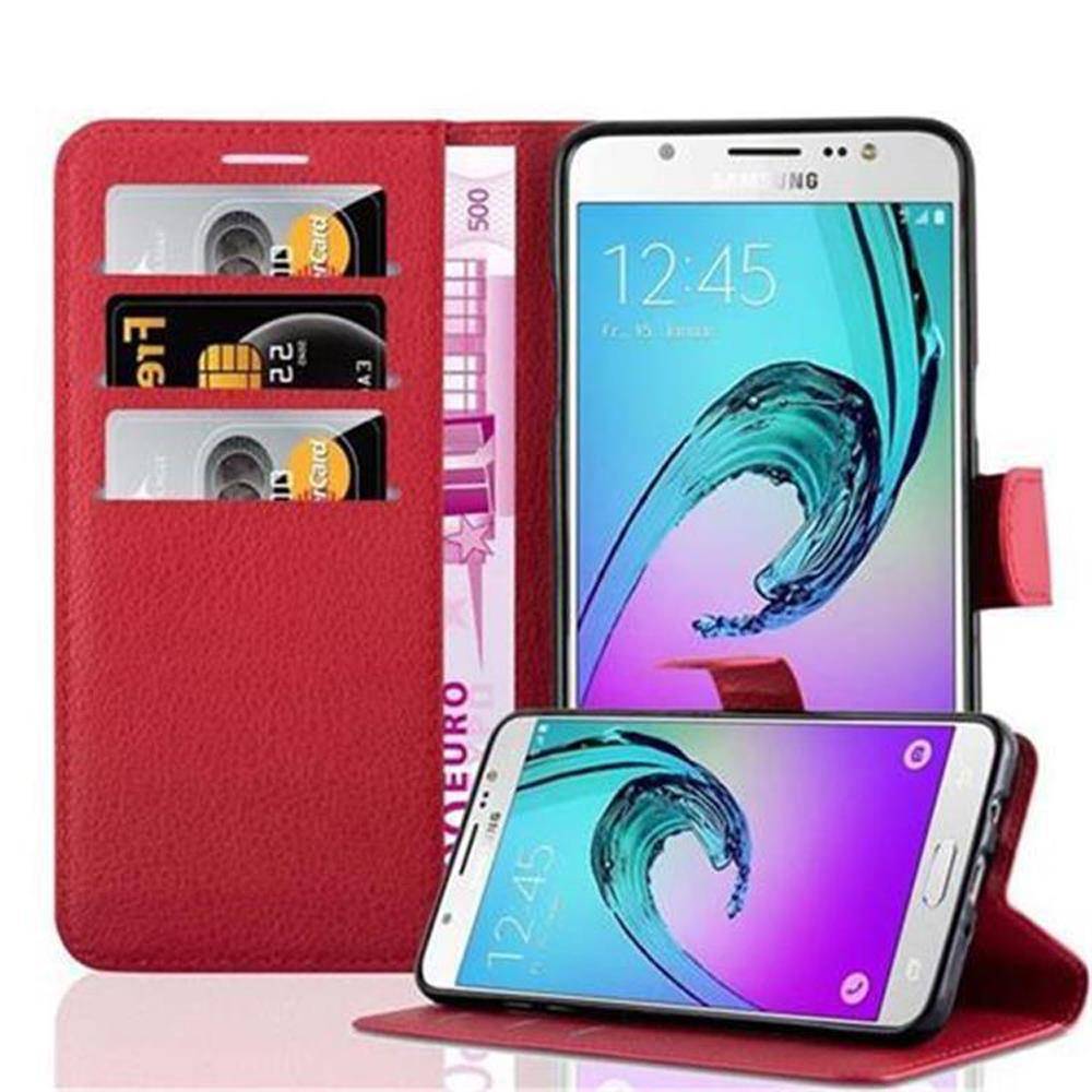 Cadorabo Hülle für Samsung Galaxy J7 2016 Schutz Hülle in Rot Handyhülle Etui Case Cover Magnetverschluss